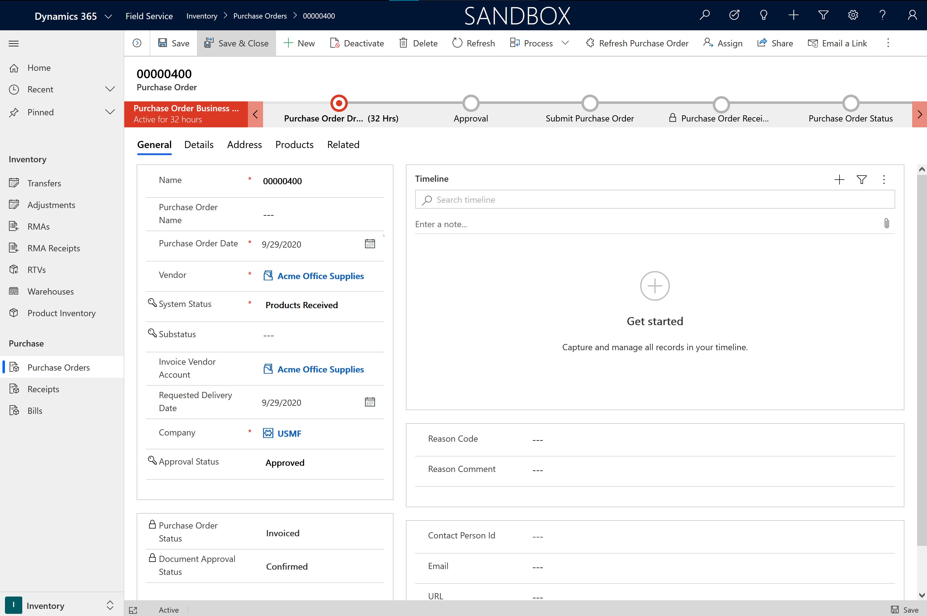 Screenshot of purchase order in Field Service.