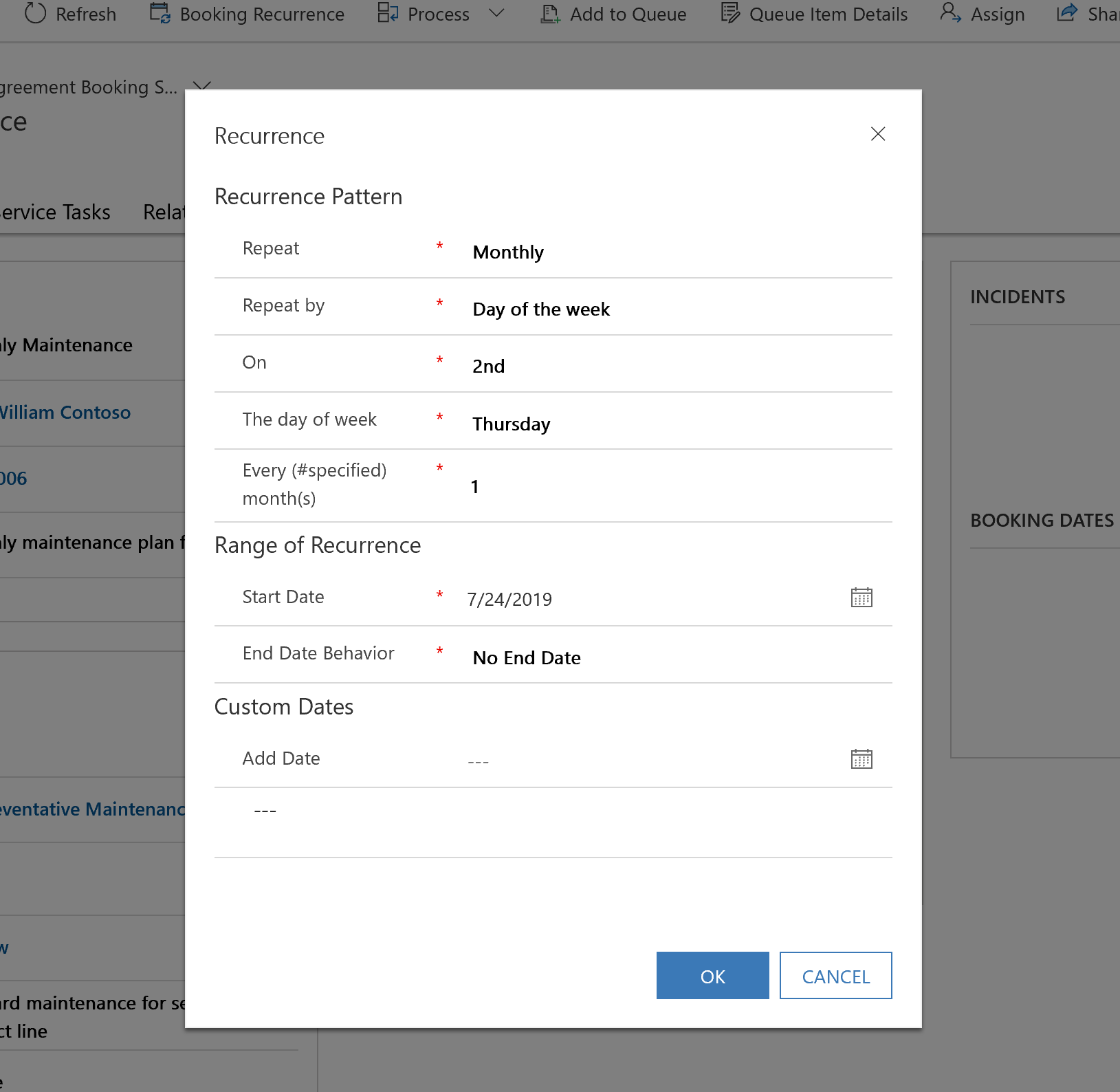 Screenshot of the booking recurrence pop up form.