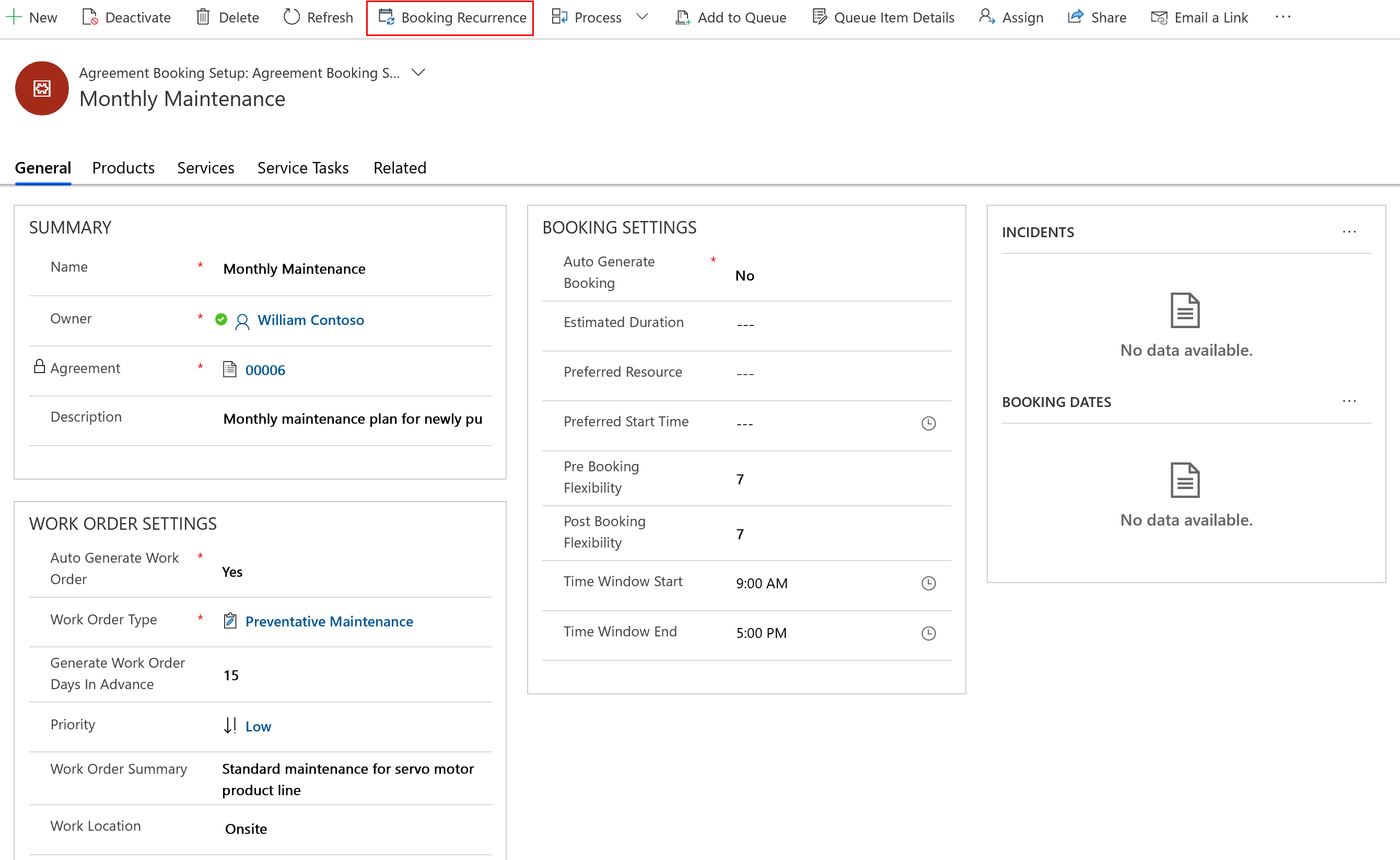 Screenshot of the agreement booking setup, with focus on the booking recurrence option.