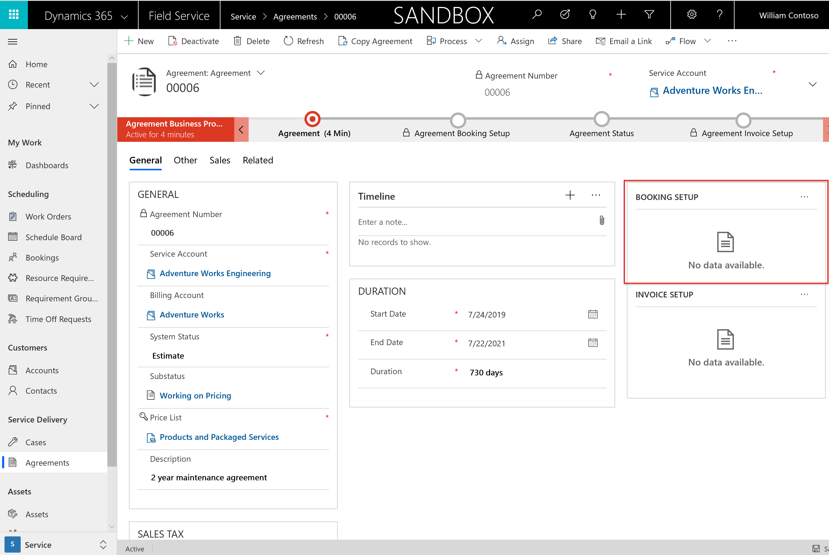 Screenshot of an agreements entity, with focus drawn to the Booking Setup.