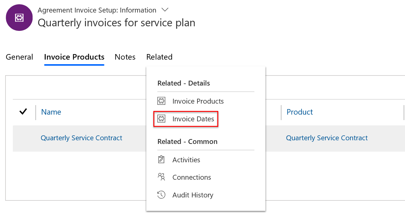 Screenshot of the agreement invoice setup showing the related tab with invoice dates highlighted.