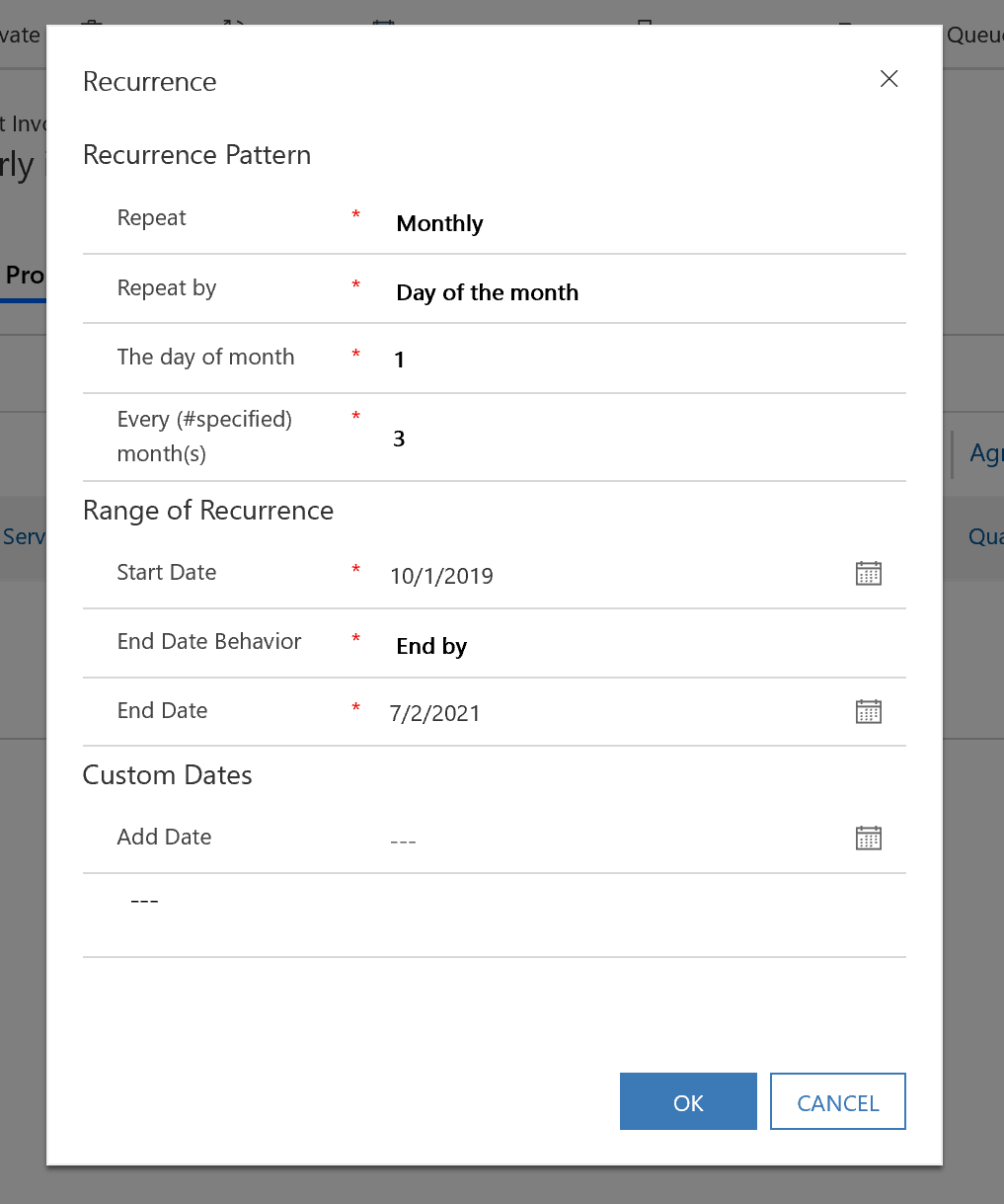 Screenshot of the recurrence pop up, with the fields all populated.