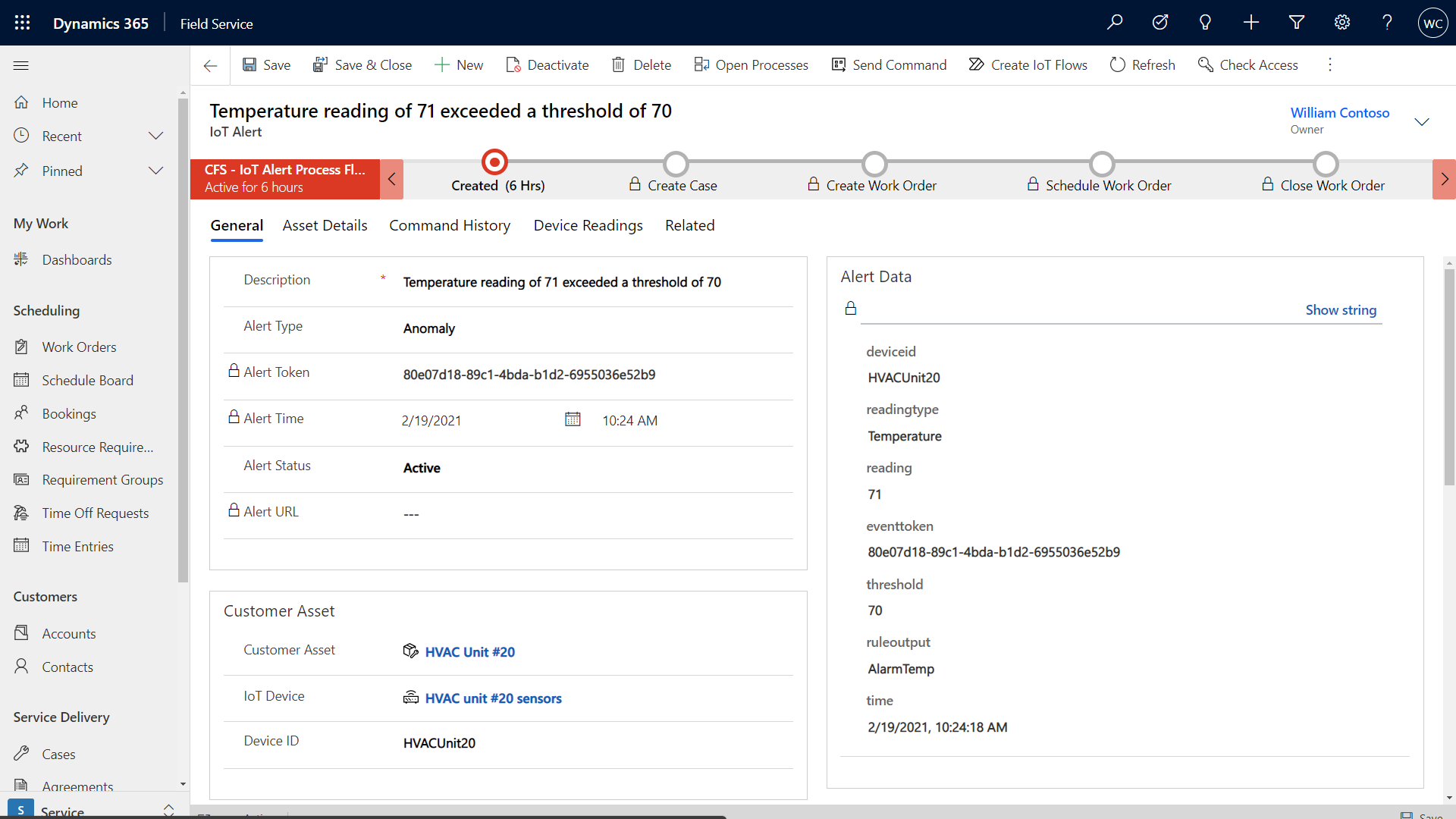 Screenshot of an IoT alert form, showing the Alert Data section.