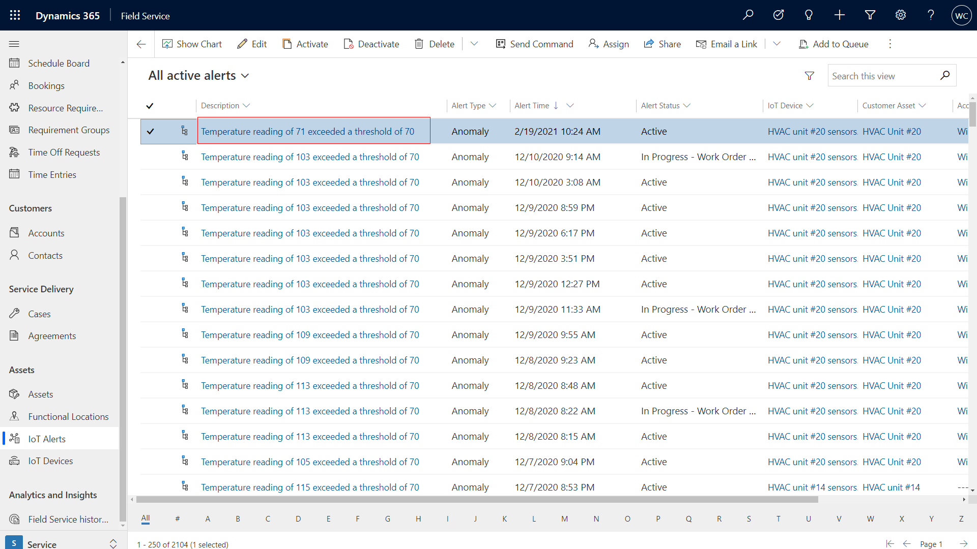 Screenshot of all active IoT alerts in Field SErvice, highlighting one with a temperature of 71 degrees.