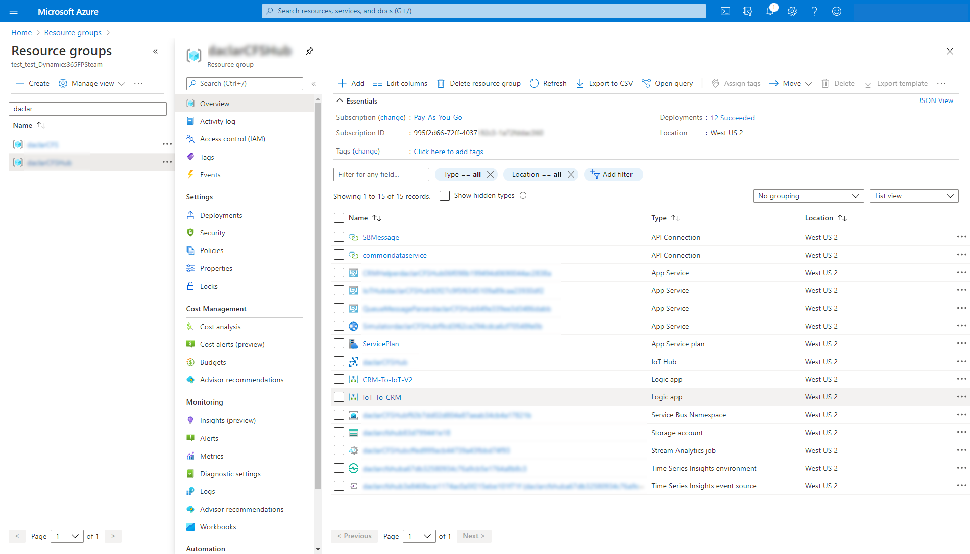 Screenshot of the Azure resource group.