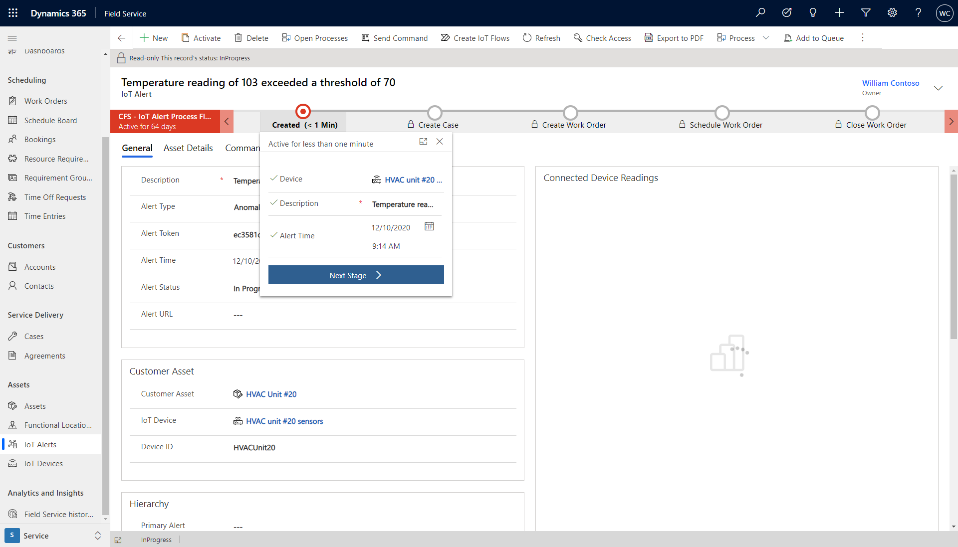 Screenshot of the IoT alert, showing the create step in the business process flow.