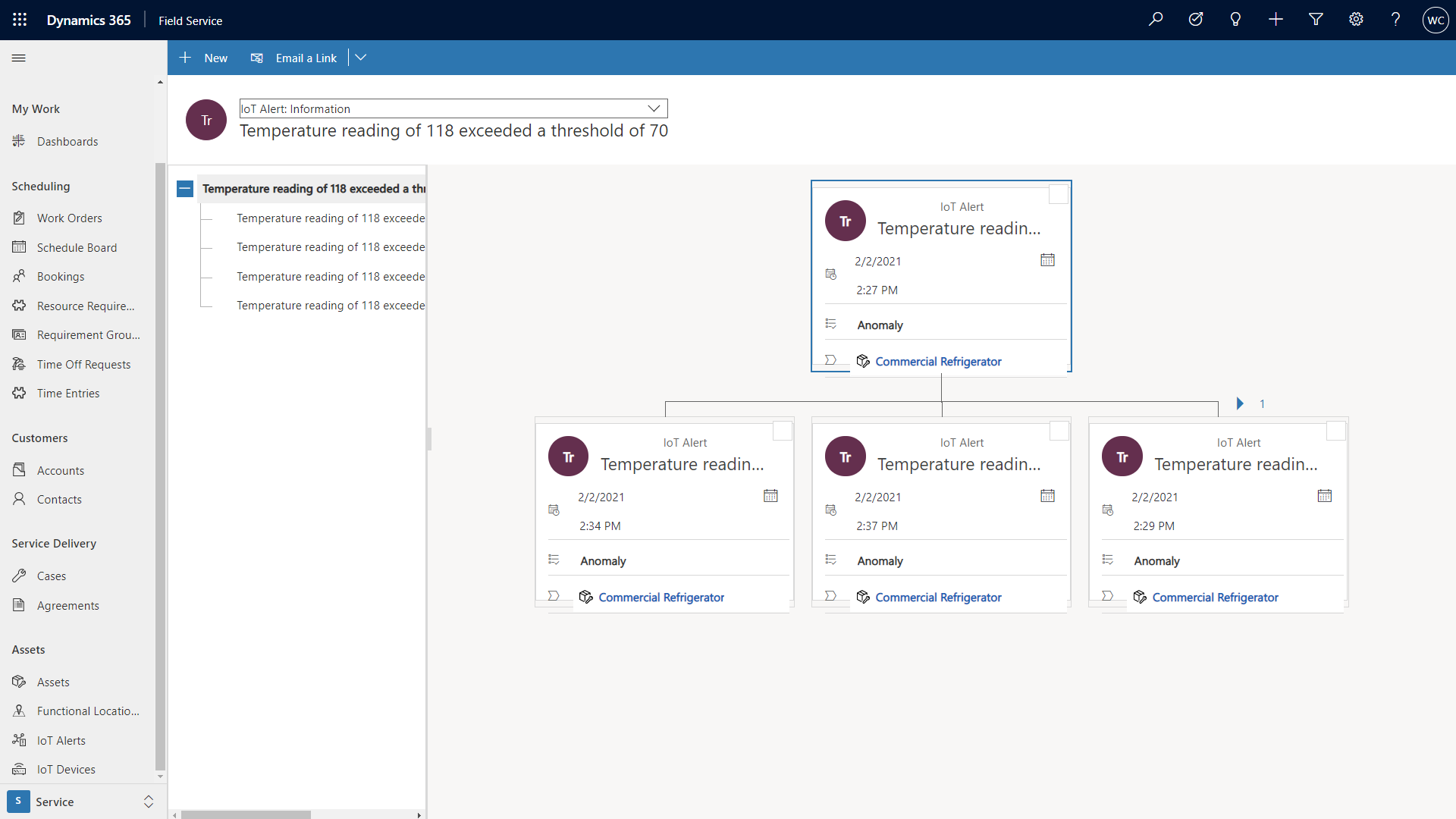 Screenshot of related IoT alerts in Field Service.