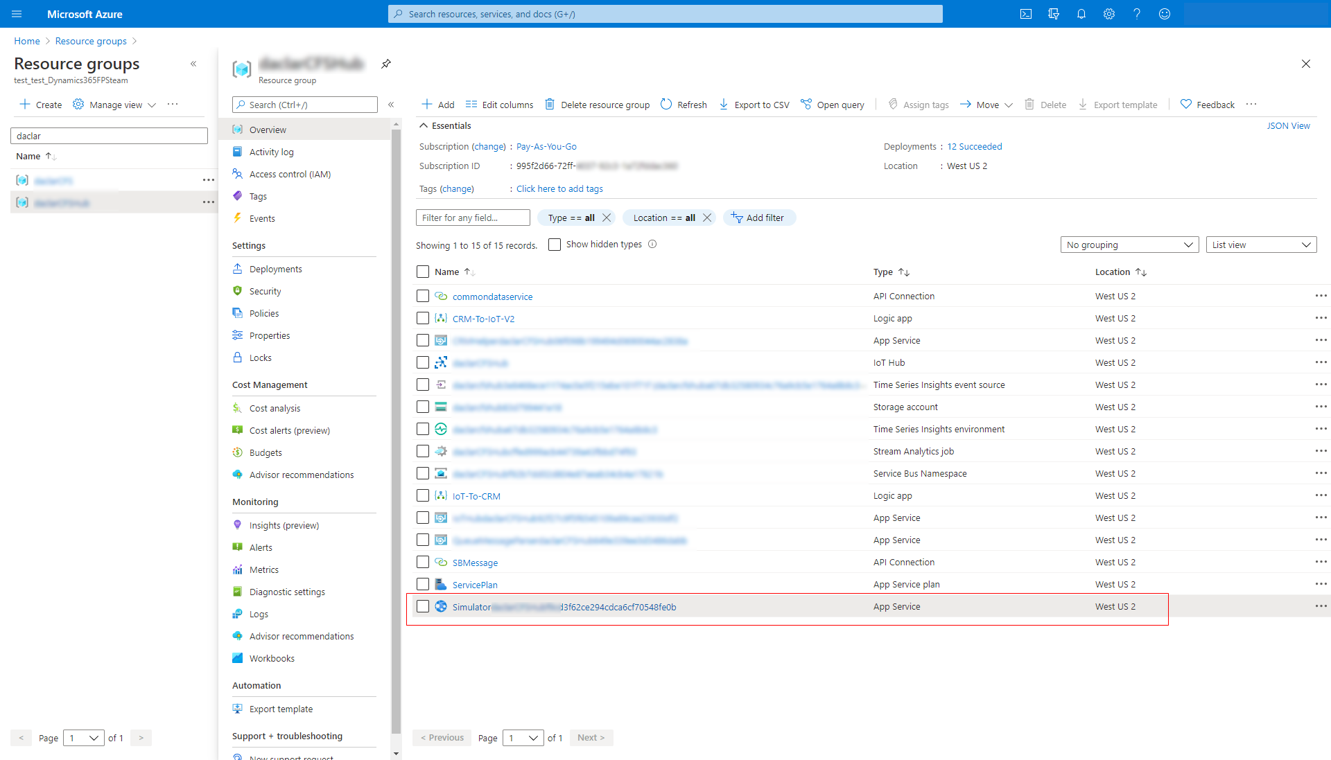 Screenshot of resource groups in Azure.