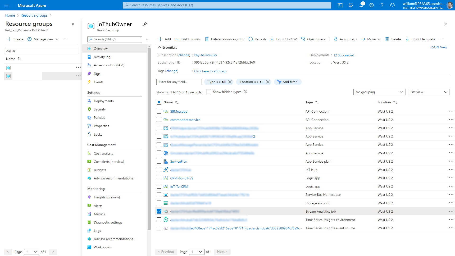 Screenshot of Microsoft Azure showing Connected Field Service IoT alert stream analytics.