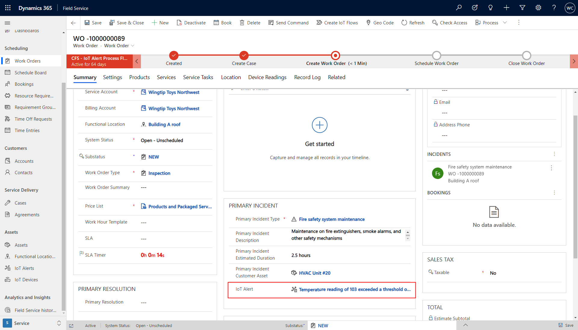 Screenshot of a work order showing the related IoT alert in the primary incident section.