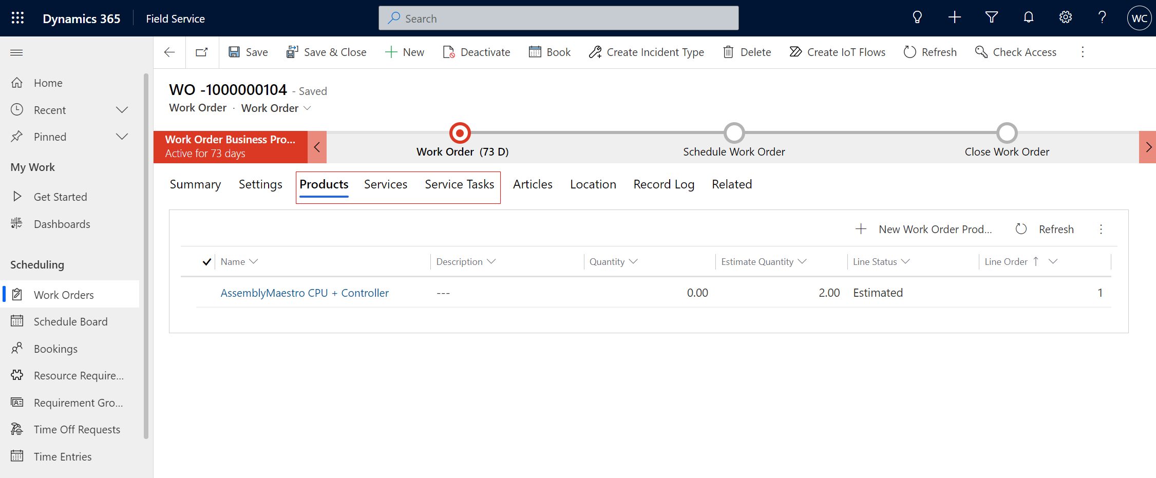 Field Service work order showing products, services, and service tasks.