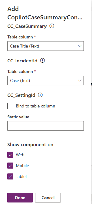 Screenshot of the Power Apps copilotcasesummarycontrol component.