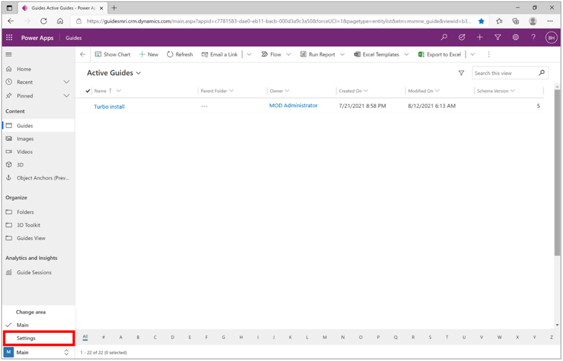 Screenshot of the Main Settings for Guides in Power Apps.