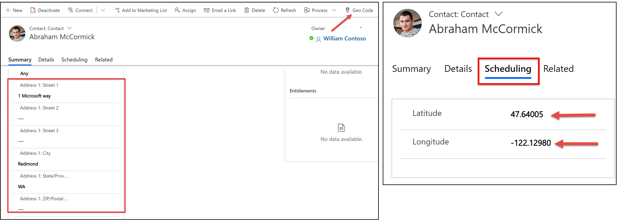 Screenshot of geo coding a contact record.