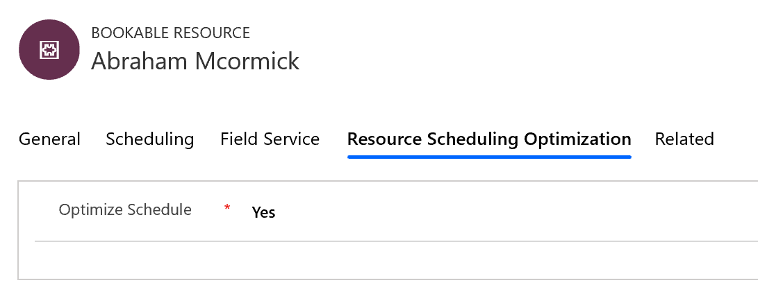 Screenshot of a bookable resource entity with Optimize schedule set to yes.